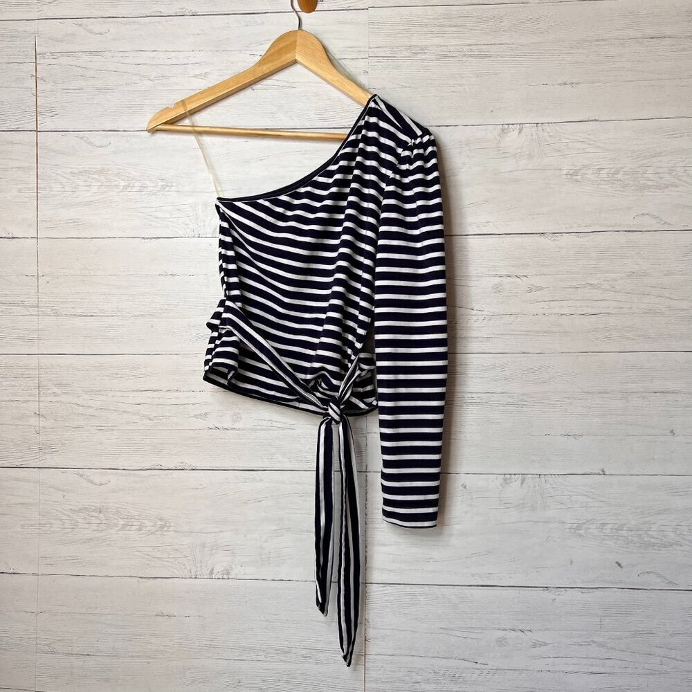 Sofia Vergara Blouse Womens Size Small Navy & White Striped One Shoulder Tie